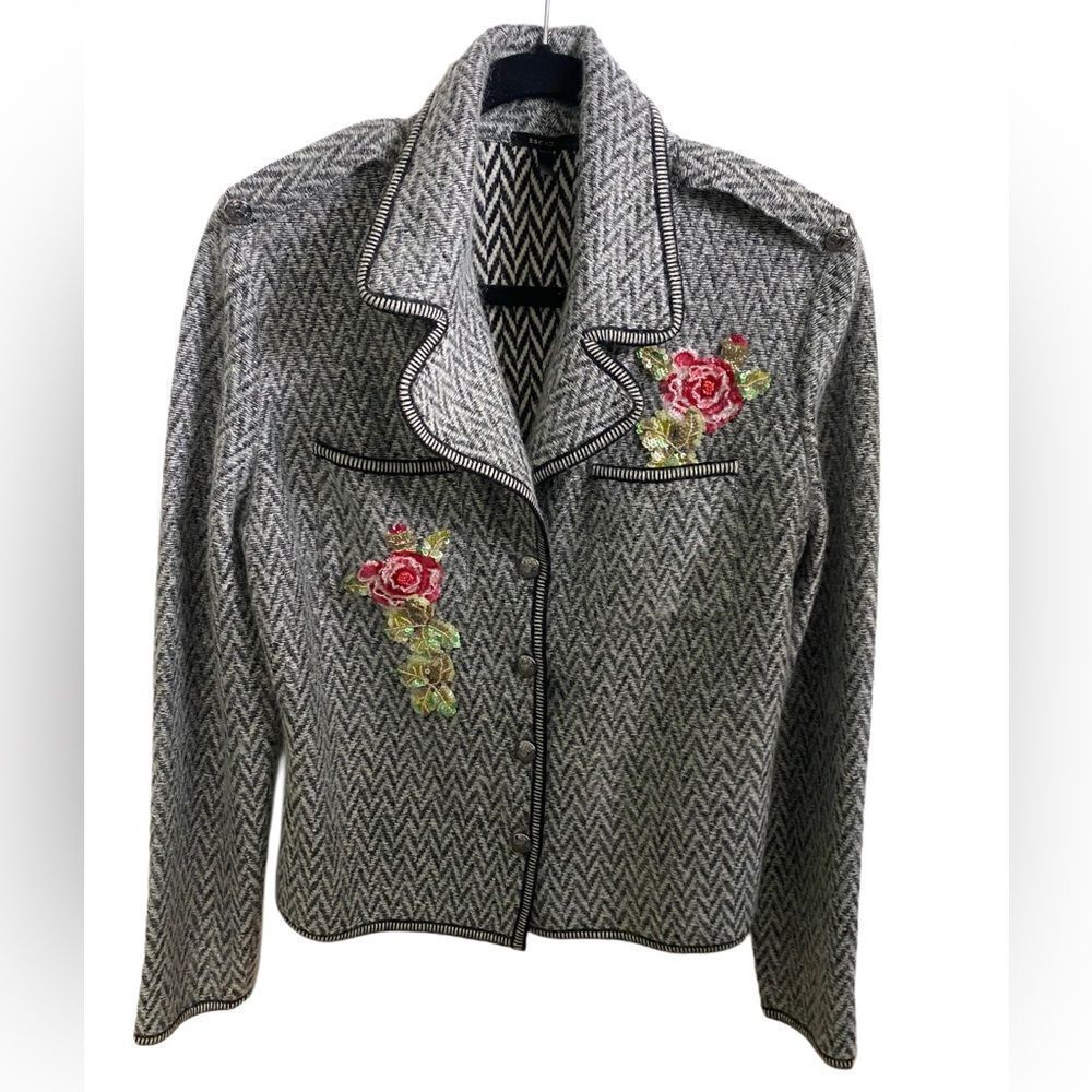 Vintage Women’s Escada Mohair Jacket | Gray Blazer with Sequin Flowers |